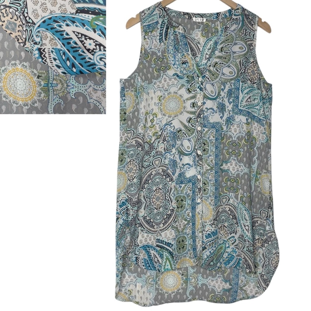 SPENSE Paisley Shift Dress Tunic Blue Green Yellow Beach Coverup High Low Size M